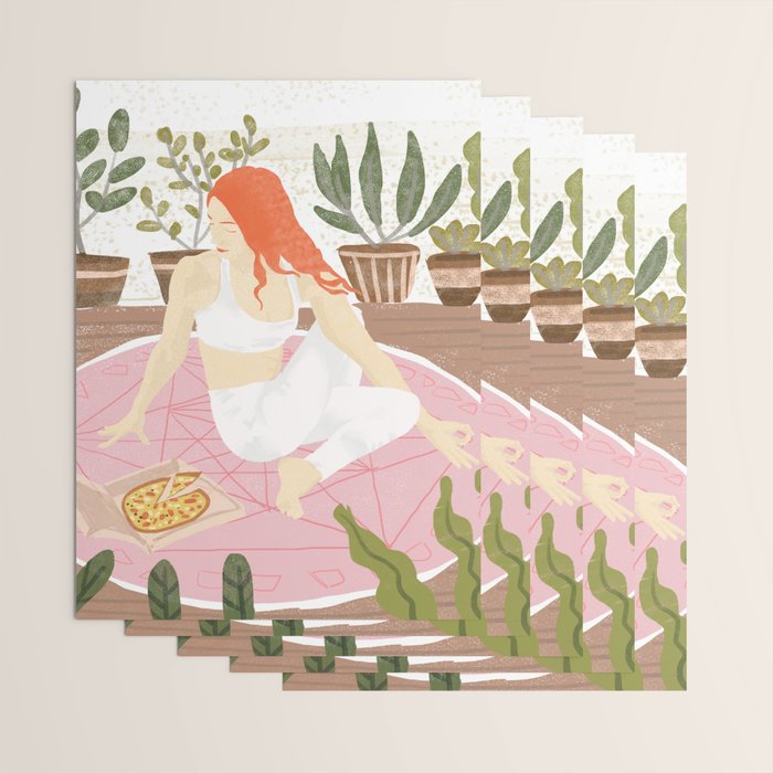 Yoga + Pizza, Red Head Woman Work Out Stay At Home, Ginger Plant Lady Home Decor Food Illustration Wrapping Paper Gallery Image 3