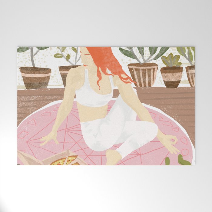 Yoga + Pizza, Red Head Woman Work Out Stay At Home, Ginger Plant Lady Home Decor Food Illustration Welcome Mat Gallery Image 1