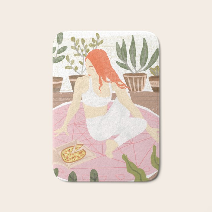 Yoga + Pizza, Red Head Woman Work Out Stay At Home, Ginger Plant Lady Home Decor Food Illustration Bath Mat Gallery Image 1