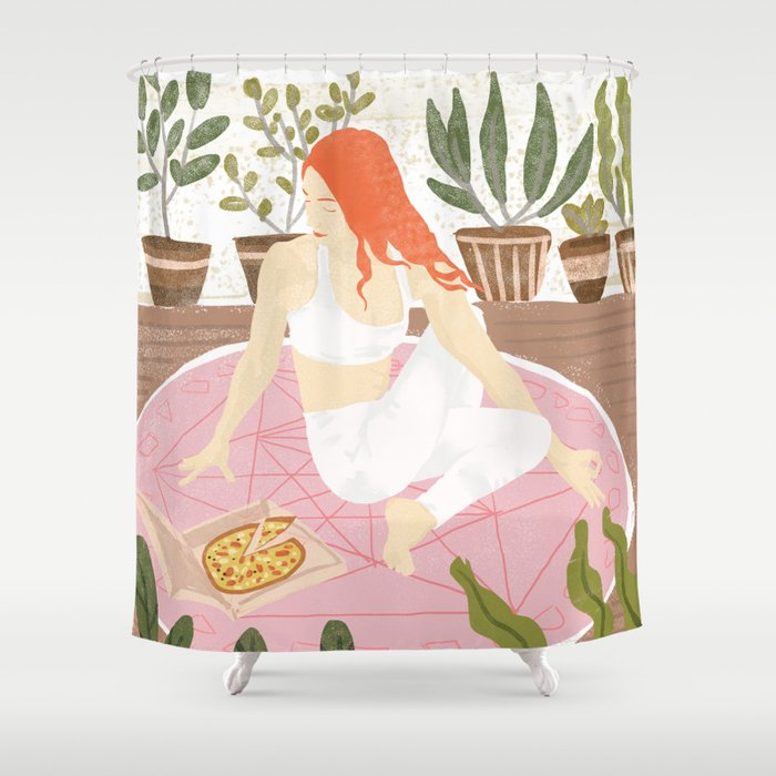 Yoga + Pizza, Red Head Woman Work Out Stay At Home, Ginger Plant Lady Home Decor Food Illustration Shower Curtain Gallery Image 1