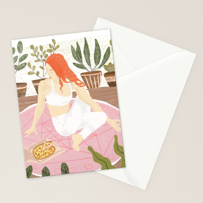 Yoga + Pizza, Red Head Woman Work Out Stay At Home, Ginger Plant Lady Home Decor Food Illustration Stationery Card Gallery Image 2