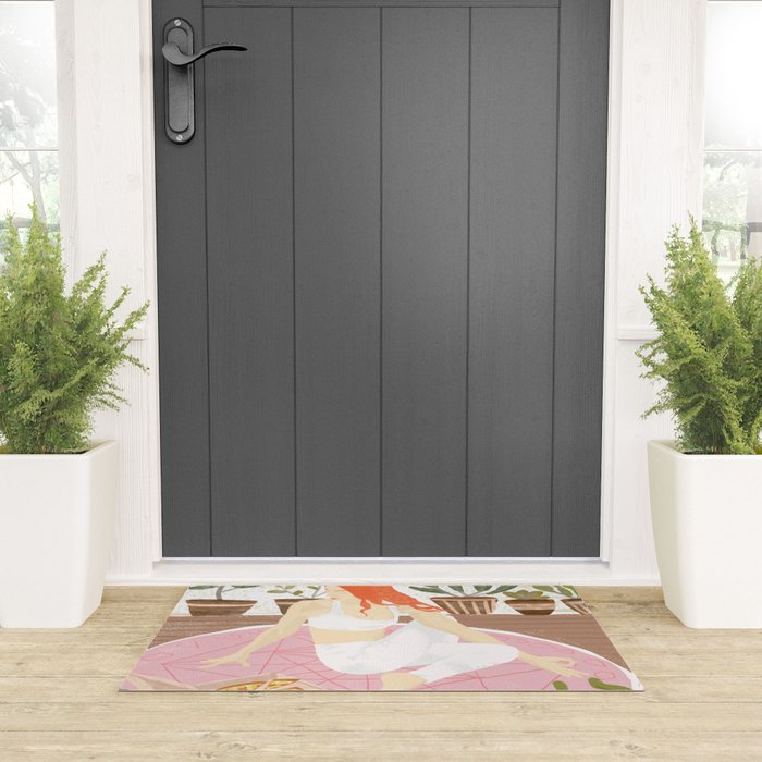 Yoga + Pizza, Red Head Woman Work Out Stay At Home, Ginger Plant Lady Home Decor Food Illustration Welcome Mat Gallery Image 3