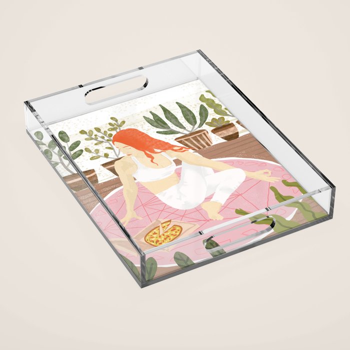 Yoga + Pizza, Red Head Woman Work Out Stay At Home, Ginger Plant Lady Home Decor Food Illustration Acrylic Tray Gallery Image 1