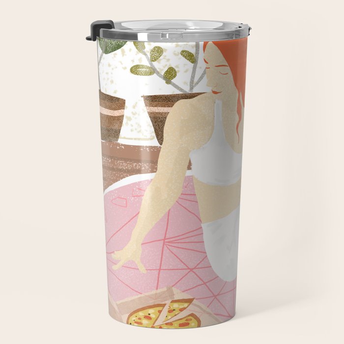 Yoga + Pizza, Red Head Woman Work Out Stay At Home, Ginger Plant Lady Home Decor Food Illustration Travel Mug Gallery Image 3