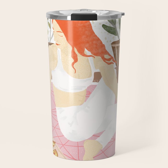 Yoga + Pizza, Red Head Woman Work Out Stay At Home, Ginger Plant Lady Home Decor Food Illustration Travel Mug Gallery Image 1