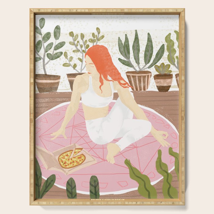 Yoga + Pizza, Red Head Woman Work Out Stay At Home, Ginger Plant Lady Home Decor Food Illustration Serving Tray Gallery Image 1