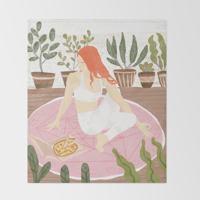 Yoga + Pizza, Red Head Woman Work Out Stay At Home, Ginger Plant Lady Home Decor Food Illustration Throw Blanket Gallery Image 2