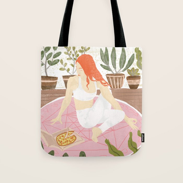 Yoga + Pizza, Red Head Woman Work Out Stay At Home, Ginger Plant Lady Home Decor Food Illustration Tote Bag Gallery Image 1