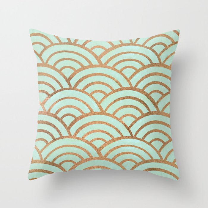 Japanese Seigaiha Wave - Mint & Copper Palette Throw Pillow Gallery Image 1