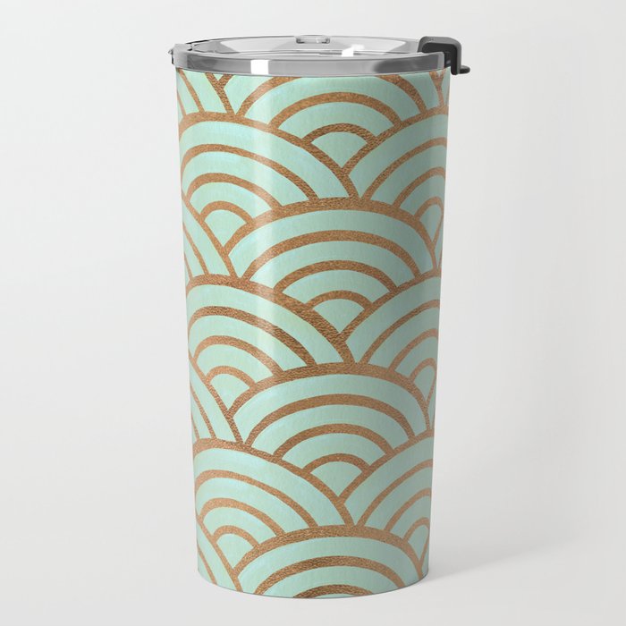 Japanese Seigaiha Wave - Mint & Copper Palette Travel Mug Gallery Image 2