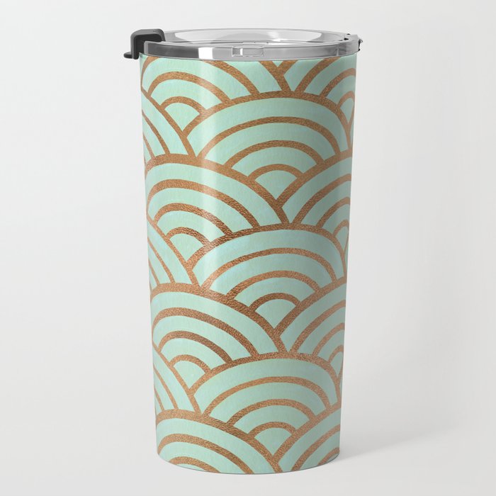 Japanese Seigaiha Wave - Mint & Copper Palette Travel Mug Gallery Image 3