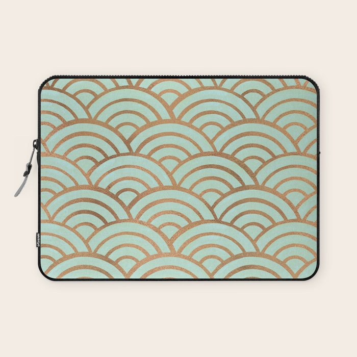 Japanese Seigaiha Wave - Mint & Copper Palette Laptop Sleeve Gallery Image 1