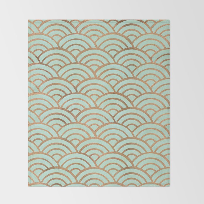 Japanese Seigaiha Wave - Mint & Copper Palette Throw Blanket Gallery Image 2