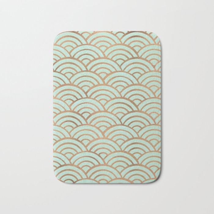 Japanese Seigaiha Wave - Mint & Copper Palette Bath Mat Gallery Image 1