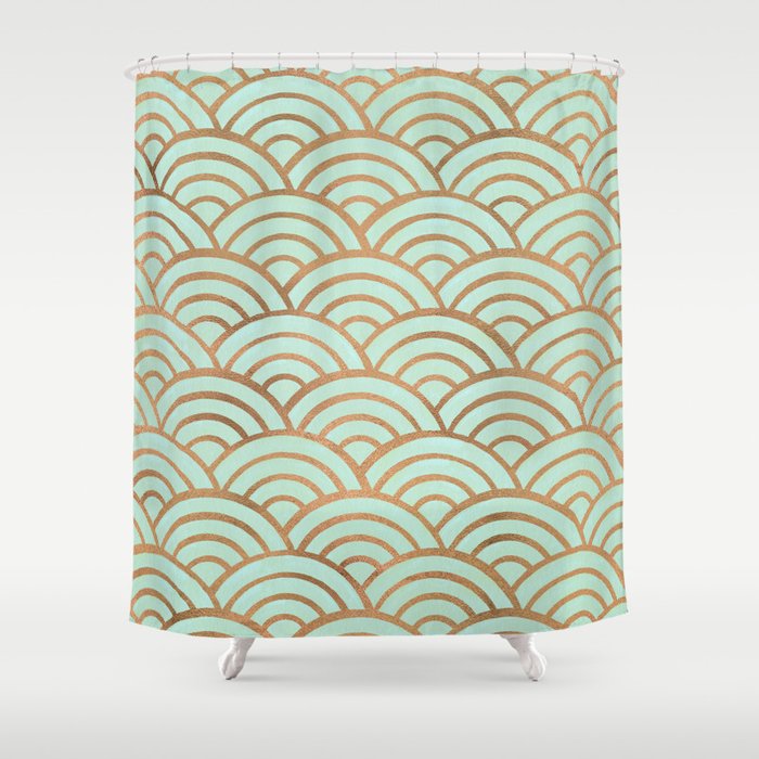 Japanese Seigaiha Wave - Mint & Copper Palette Shower Curtain Gallery Image 1