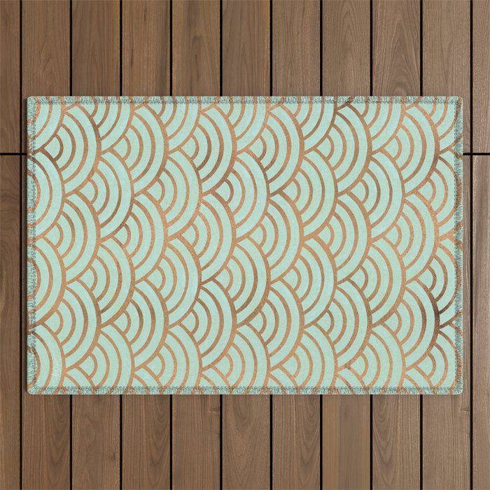 Japanese Seigaiha Wave - Mint & Copper Palette Outdoor Rug Gallery Image 1