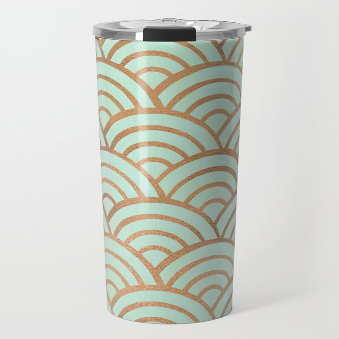 Japanese Seigaiha Wave - Mint & Copper Palette Travel Mug Gallery Image 1