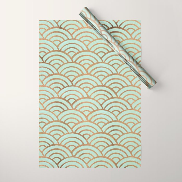 Japanese Seigaiha Wave - Mint & Copper Palette Wrapping Paper Gallery Image 1