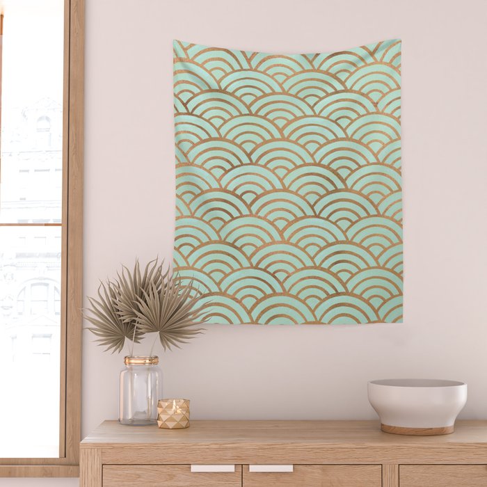 Japanese Seigaiha Wave - Mint & Copper Palette Wall Tapestry Gallery Image 2