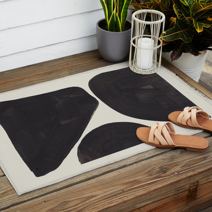 Black & White Minimalist Abstract Shapes Patterns Black Ink Painting Outdoor Rug Gallery Image 2