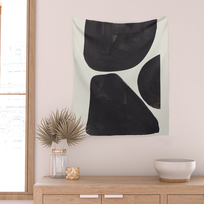 Black & White Minimalist Abstract Shapes Patterns Black Ink Painting Wall Tapestry Gallery Image 2