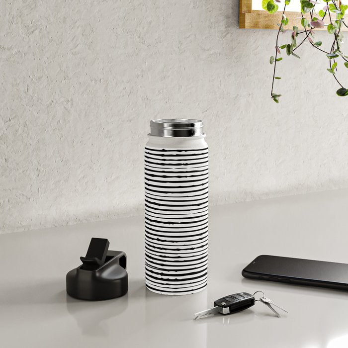 Rustic, Abstract Stripes Pattern, Black and White Water Bottle Gallery Image 4