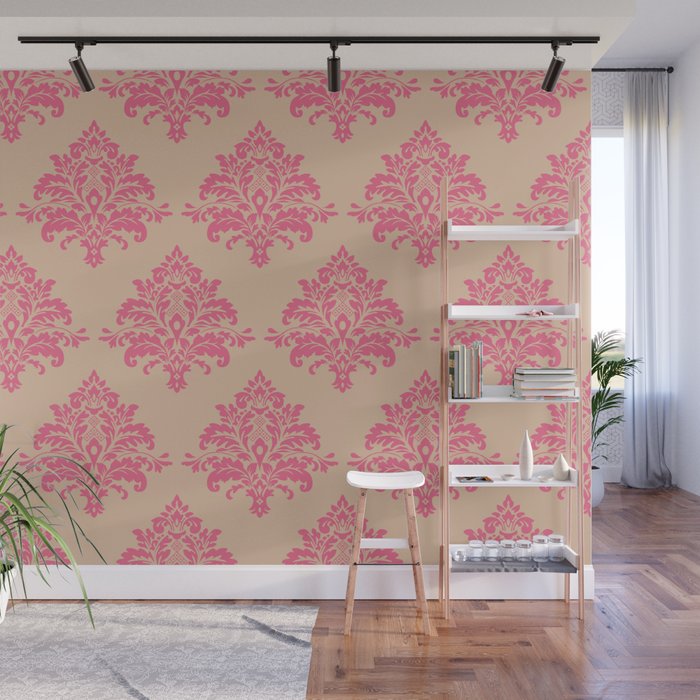 Vintage Pink Damask Pattern Wall Mural Gallery Image 1