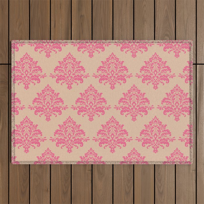 Vintage Pink Damask Pattern Outdoor Rug Gallery Image 1