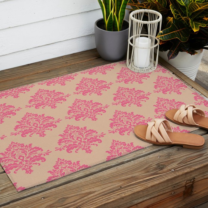 Vintage Pink Damask Pattern Outdoor Rug Gallery Image 2
