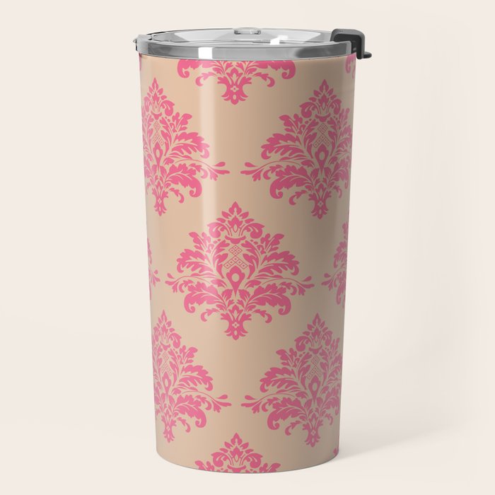 Vintage Pink Damask Pattern Travel Mug Gallery Image 2