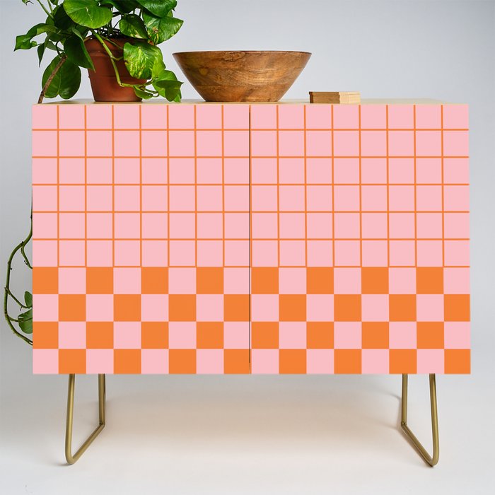 Grid Check Pink and Orange Checkered Pattern Credenza Gallery Image 1