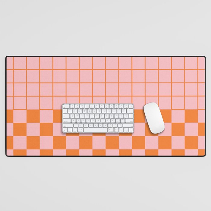 Grid Check Pink and Orange Checkered Pattern Desk Mat Gallery Image 1
