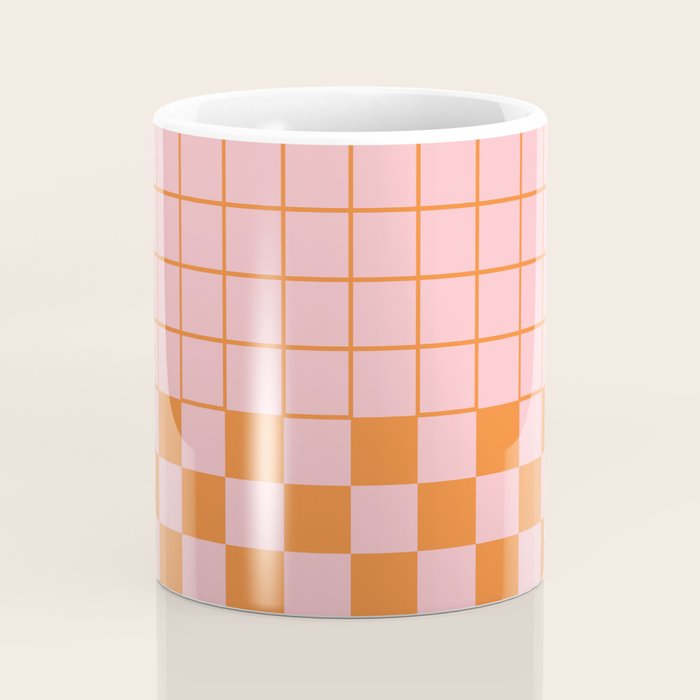 Grid Check Pink and Orange Checkered Pattern Coffee Mug Gallery Image 4