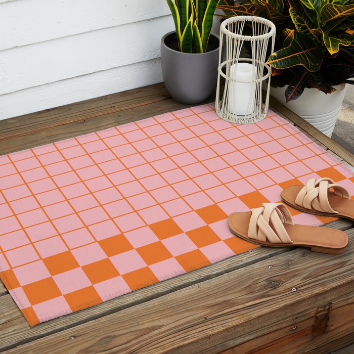 Grid Check Pink and Orange Checkered Pattern Outdoor Rug Gallery Image 2