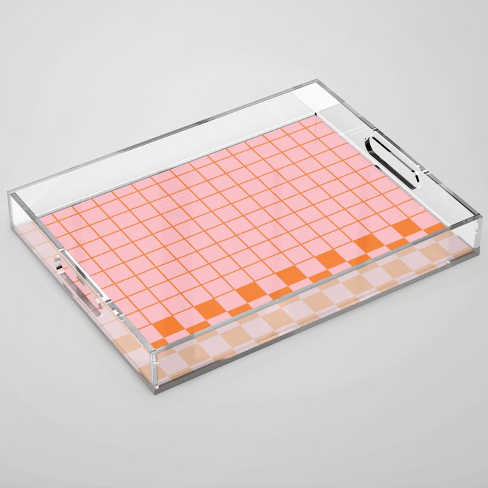 Grid Check Pink and Orange Checkered Pattern Acrylic Tray Gallery Image 1