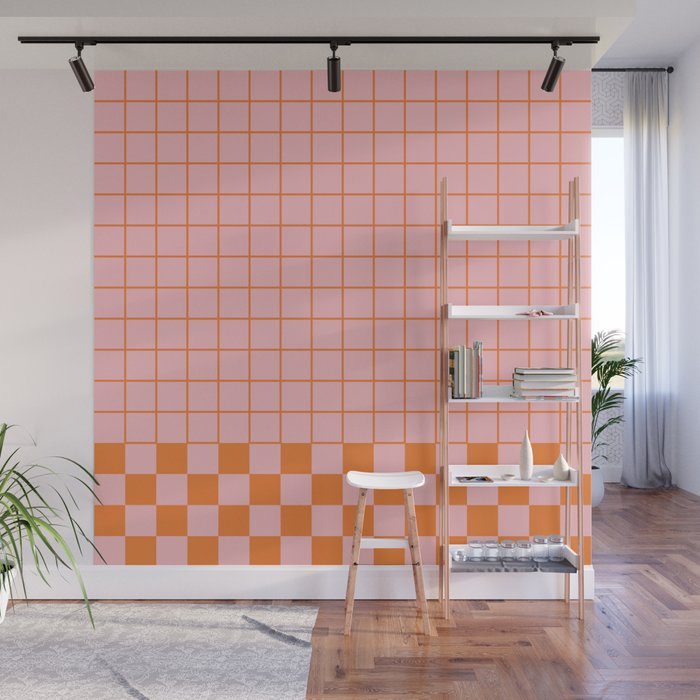 Grid Check Pink and Orange Checkered Pattern Wall Mural Gallery Image 1