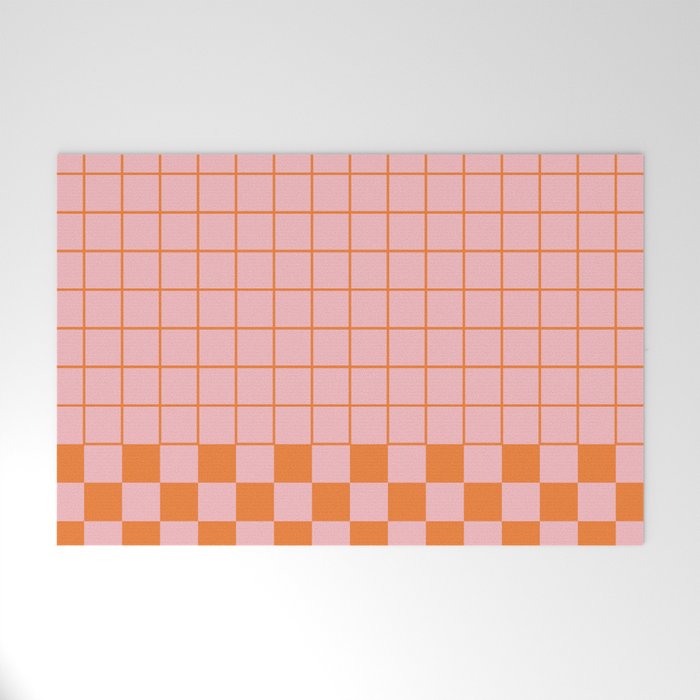 Grid Check Pink and Orange Checkered Pattern Welcome Mat Gallery Image 1