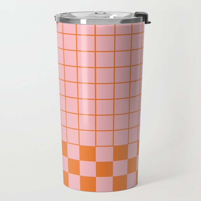 Grid Check Pink and Orange Checkered Pattern Travel Mug Gallery Image 2