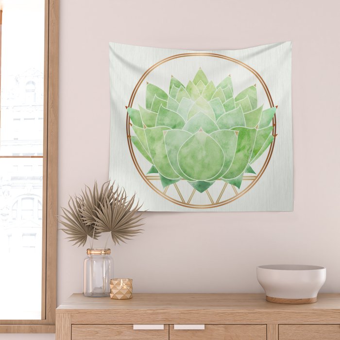 Watercolor Succulent Plant with Metallic Gold Wall Tapestry Gallery Image 2