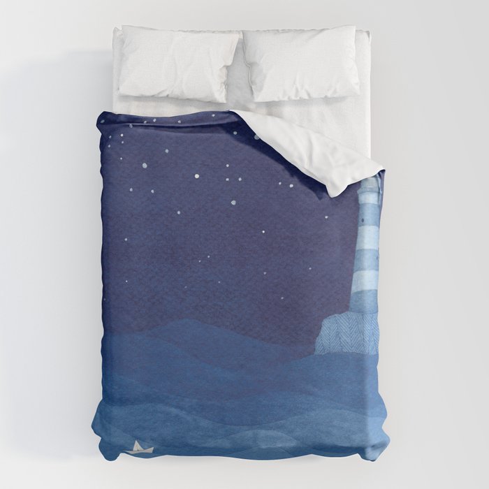 Lighthouse & the paper boat, blue ocean Duvet Cover Gallery Image 1