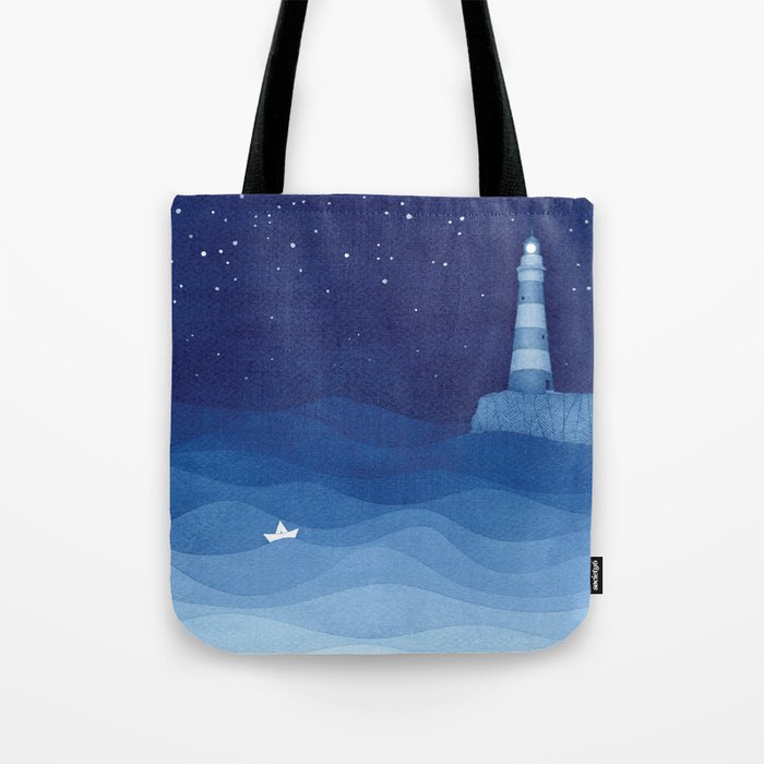 Lighthouse & the paper boat, blue ocean Tote Bag Gallery Image 1