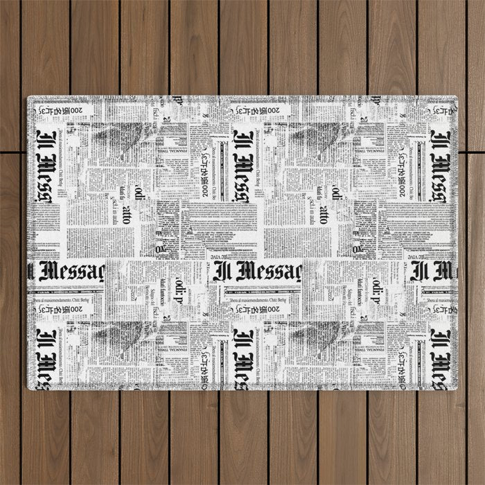 Black And White Collage Of Grunge Newspaper Fragments Outdoor Rug Gallery Image 1