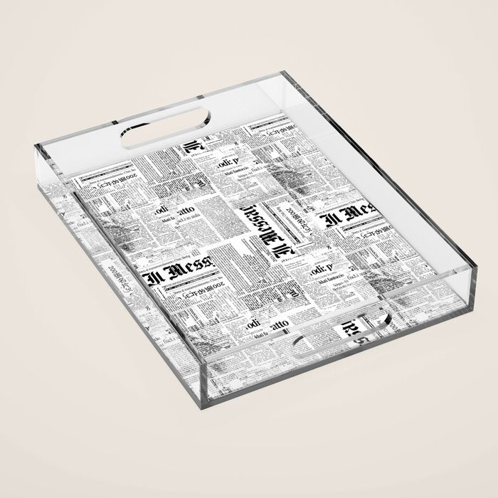 Black And White Collage Of Grunge Newspaper Fragments Acrylic Tray Gallery Image 1