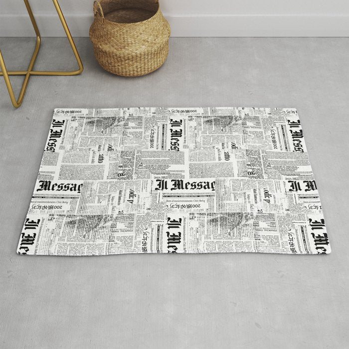 Black And White Collage Of Grunge Newspaper Fragments Rug Gallery Image 1