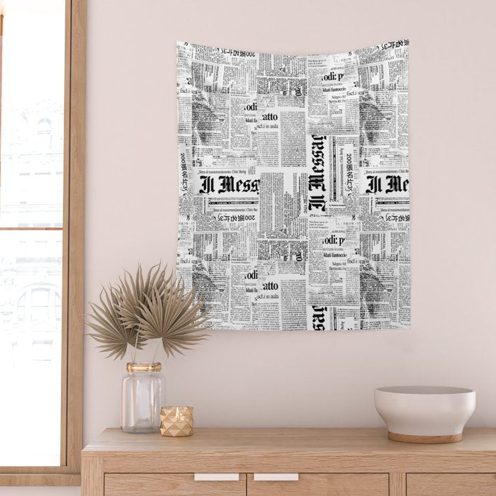 Black And White Collage Of Grunge Newspaper Fragments Wall Tapestry Gallery Image 2