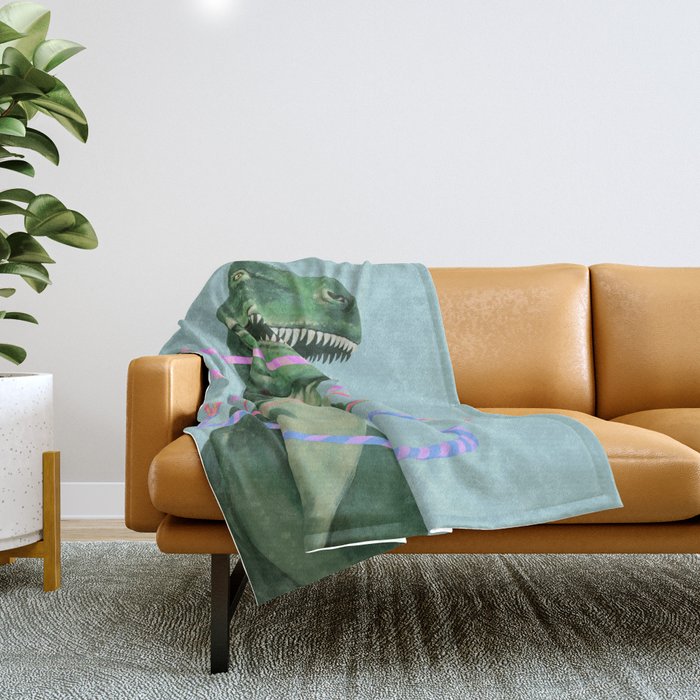 T-Rex the Hula Dancer in Green Throw Blanket Gallery Image 1