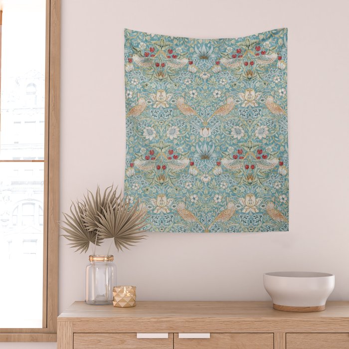 William Morris Strawberry Thief Aqua Blue Turquoise Wall Tapestry Gallery Image 2