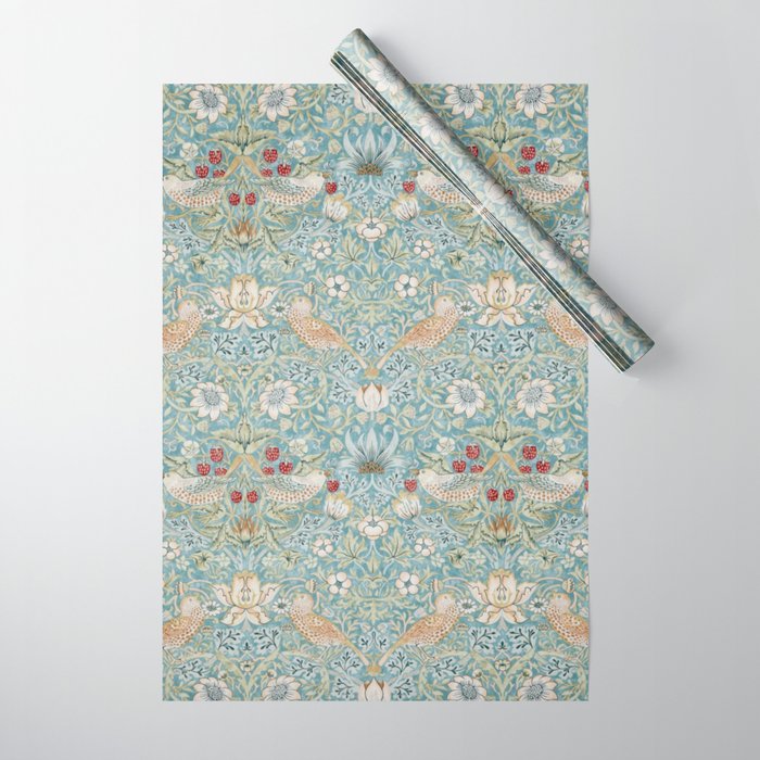 William Morris Strawberry Thief Aqua Blue Turquoise Wrapping Paper Gallery Image 1