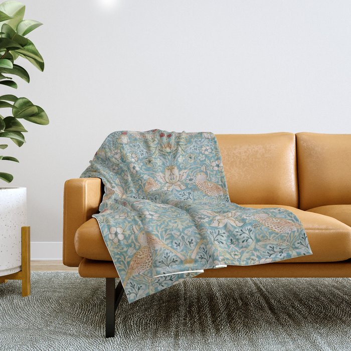 William Morris Strawberry Thief Aqua Blue Turquoise Throw Blanket Gallery Image 1
