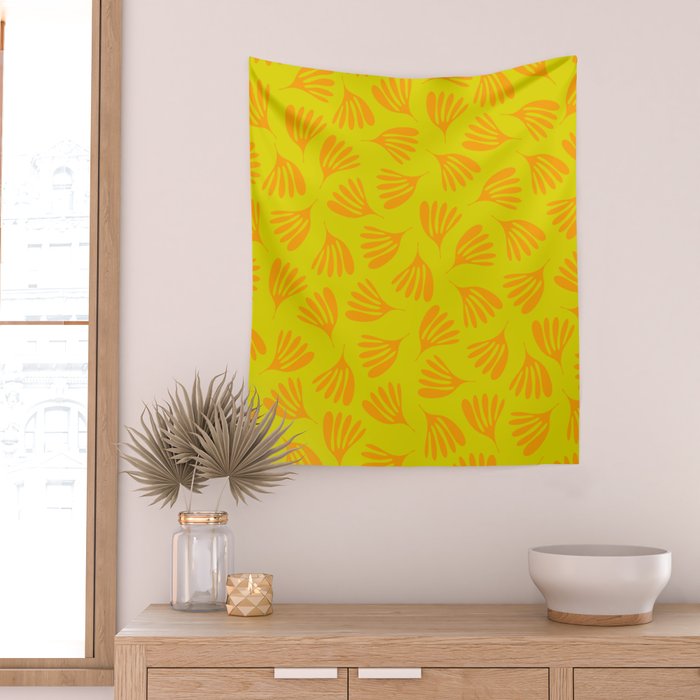 Bright Yellow and Orange Wispy Leaves Contemporary Pattern Wall Tapestry Gallery Image 2